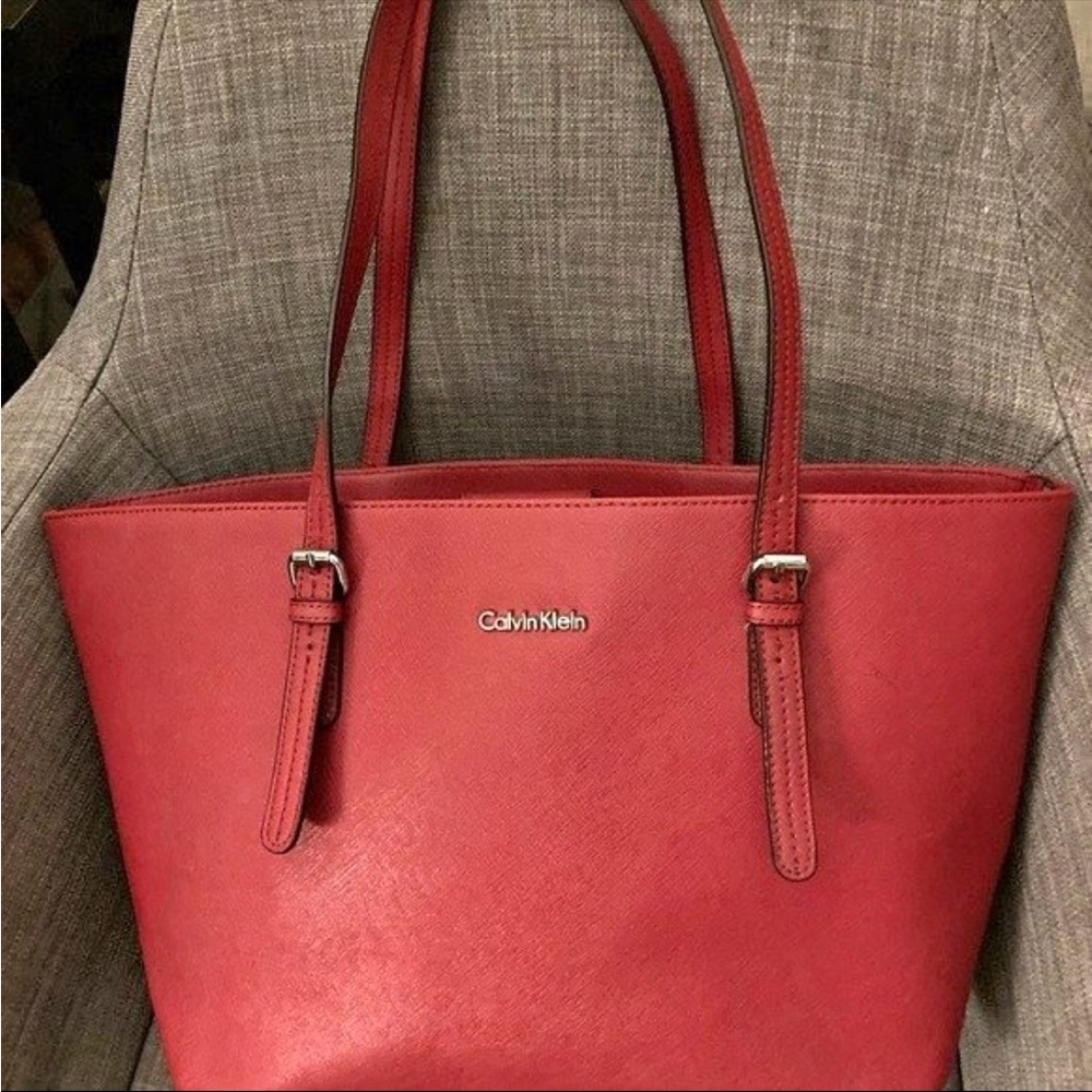 Calvin Klein Red Leather Tote with Dual Straps